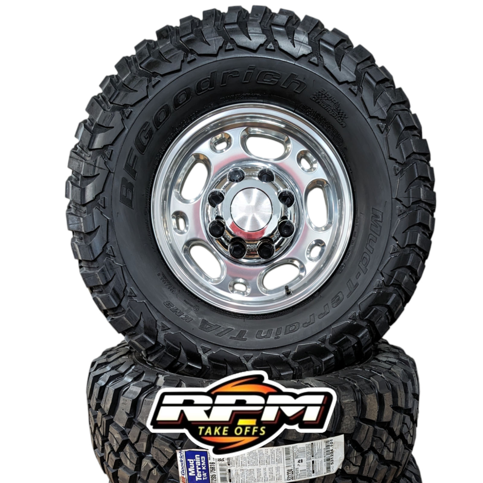1988–2010 Chevy/GMC 8 Lug 16" Replica Polished Wheels with LT265/75R16 BFGoodrich Mud-Terrain T/A KM3 Tires