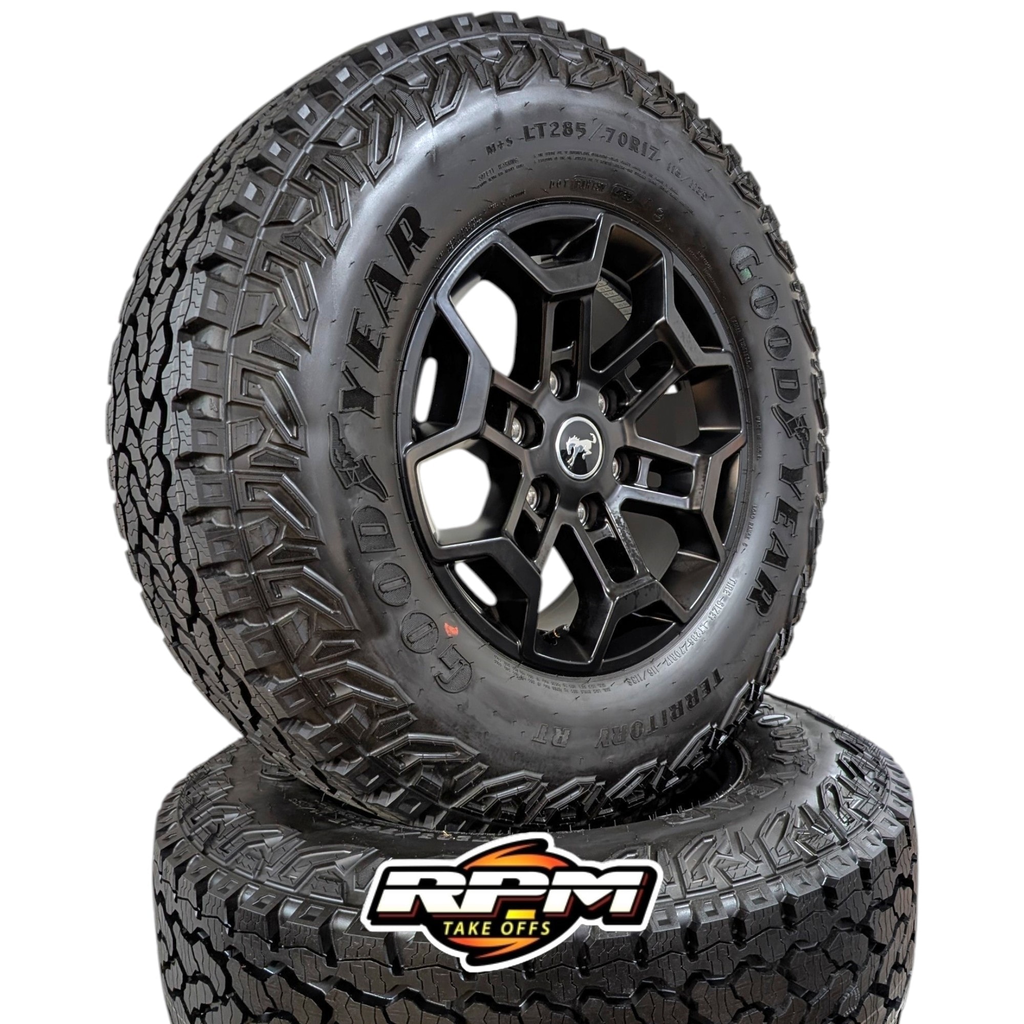 Ford Bronco Badlands 17" Satin Black Wheels with Goodyear Territory RT LT285/70R17 Tires — Set of 4