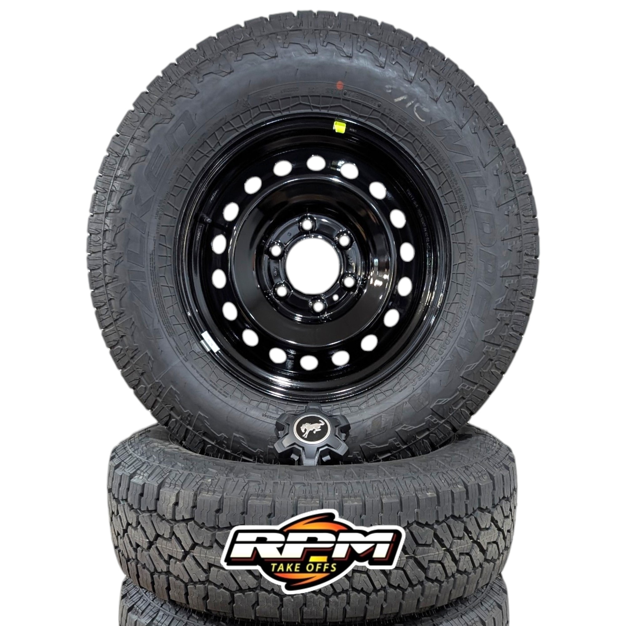 Ford Bronco 17" Black Steel Wheels with Falken Wildpeak A/T4W LT265/70R17 Tires — Set of 5